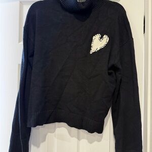 AQUA Cropped Turtleneck Heart Patch Black Sweater